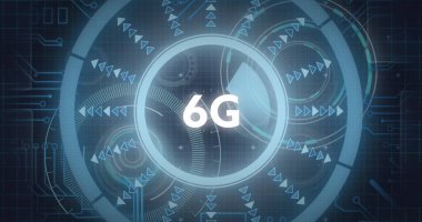 Dönen yuvarlak tarayıcı ve mikroişlemci bağlantıları üzerinde 6G metin resmi. Küresel ağ ve iş teknolojisi kavramı