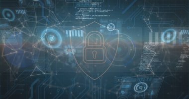 Mavi arka planda veri işleme ve güvenlik kilidi görüntüsü. Küresel bağlantılar, veri işleme ve dijital arayüz konsepti dijital olarak oluşturulmuş resim.