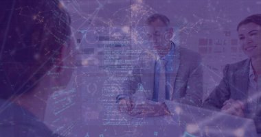 Telefon kulaklığı kullanan iş adamları üzerinden bağlantı ağı görüntüsü. Eğitim ve okul kavramı dijital olarak oluşturulmuş imaj.