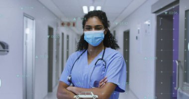 Afro-Amerikan kadın doktor üzerindeki veri işleme ve ikonlar. Küresel tıp, sağlık ve dijital arayüz kavramı dijital olarak oluşturulmuş görüntü
