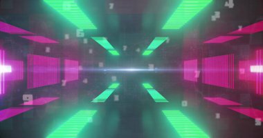 Siyah arkaplanda yeşil ve pembe neon ışıkların ve veri işlemenin görüntüsü. Küresel iletişim, iş, veri ve dijital arayüz kavramı dijital olarak oluşturulmuş görüntü.