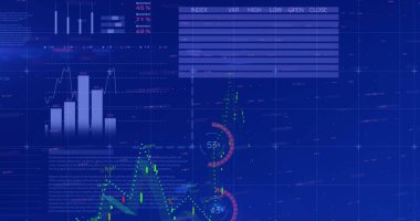Mavi arka planda finansal ve istatistiksel veri işleme görüntüsü. Küresel finans ve iş veri teknolojisi kavramı