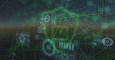 Karanlık arka planda veri işleme ve güvenlik kilidi görüntüsü. Küresel bağlantılar, veri işleme ve dijital arayüz konsepti dijital olarak oluşturulmuş resim.