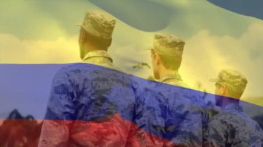 Çeşitli erkek askerlerin selamlaması üzerine Kolombiya bayrağının canlandırılması. Askeri, vatanseverlik ve bayraklar dijital olarak üretilen video konsepti.