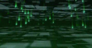 İkili kodlama üzerinde hareket eden beyaz şekillerin animasyonu. Teknoloji ve dijital arayüz kavramı dijital olarak oluşturuldu.