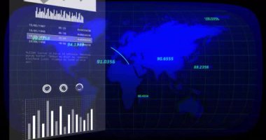 Finansal veri tabloları ve grafikleri dünya haritasının arka planında. Maliye, analitik, küresel, istatistik, ekonomi, iş