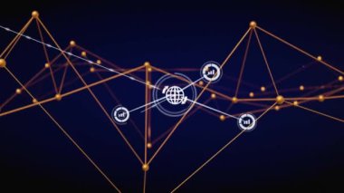 Sarı ağ üzerindeki simgelerle bağlantı ağının animasyonu. Teknoloji ve dijital arayüz kavramı dijital olarak oluşturuldu.