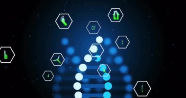 Çevre dostu ikonlara sahip DNA ipliği, bilimsel veri işleme animasyonu. Genetik, biyoteknoloji, sürdürülebilirlik, çevre, yeşil teknoloji, biyoloji