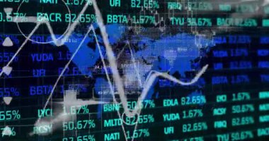 Borsa verileri ve finansal ticaret geçmişi üzerine dünya haritası animasyonu. Finans, ekonomi, yatırım, dijital, teknoloji, analitik