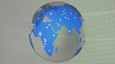 Pikselleştirilmiş kıtaları ızgara arkaplanı üzerinde gösteren dönen küre canlandırılıyor. küreselleşme, teknoloji, dijital, dünya, coğrafya, yenilik