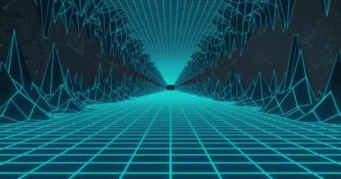 Geometrik şekilli gelecekteki şebeke tüneli, dijital manzara animasyonu. Teknoloji, sanal, tasarım, soyut, modern, siber uzay
