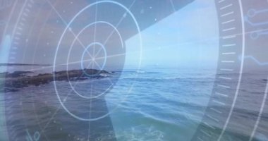 Radar, okyanus manzarası üzerindeki animasyonu tarıyor. dalgalar, izleme, deniz, teknoloji, saptama, navigasyon