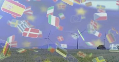 Rüzgâr türbinleri Avrupa bayraklarıyla birlikte mavi gökyüzü arka planında hareket ediyor. Yenilenebilir enerji, rüzgar çiftliği, sürdürülebilirlik, güç, elektrik
