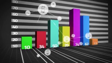 Veri görselleştirme arkaplanı üzerinde müzik simgeleriyle renkli çubuk grafiği canlandırılıyor. Animasyon, bilgi, teknoloji, istatistik