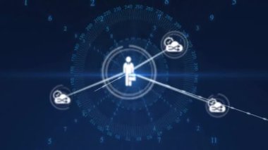 Ağ bağlantıları ve veri alışverişi dijital insan simgeleri ve numaraları üzerinden yapılır. Teknoloji, iletişim, ağ, bilgi akışı, siber uzay, sanal