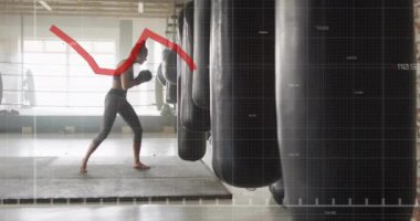 Spor salonunda boks, finansal grafik animasyonunda kum torbasıyla kadın eğitimi. Fitness, egzersiz, egzersiz, güç, kararlılık, büyüme