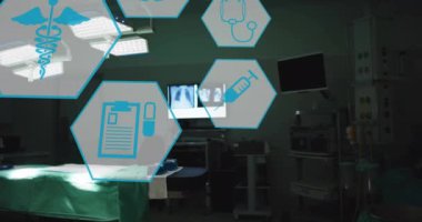 Animation of medical icons over empty operating room. Medicine and digital interface concept digitally generated video.