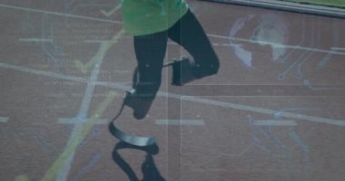 Pistte koşmak, protez bacaklı bir atlet, teknoloji animasyonu. protez, yenilik, fitness, kararlılık, spor, eğitim