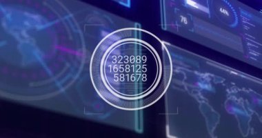 Siyah arkaplan taraması ile veri işleme animasyonu. Küresel teknoloji, hesaplama, bağlantılar ve dijital arayüz konsepti dijital olarak oluşturulmuş video.