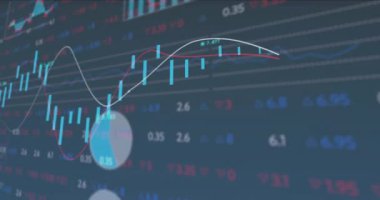 Mavi arka planda finansal veri işleme animasyonu. Dijital olarak oluşturulmuş küresel bağlantılar, hesaplama ve veri işleme kavramı.