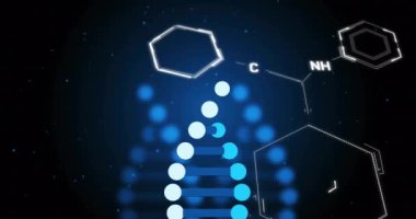 DNA ipliği ve kimyasal yapılar, bilimsel veri işleme animasyonu. Bilim, moleküler, biyoteknoloji, genetik, araştırma, laboratuvar