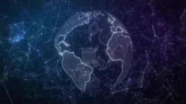 Dünya haritası üzerinde QR kodu ve dijital ağ animasyonu. Teknoloji, bağlantı, küresel, yenilik, internet, veri