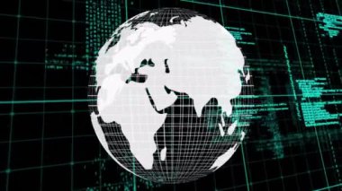 Koyu yeşil arka plan üzerinde ızgara çizgileri olan dönen bir dünya. Dünya, teknoloji, dijital, ağ, coğrafya, dönüş