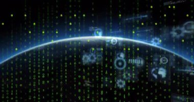 Veri işleme animasyonunun siyah arka planda dünya üzerinde gerçekleşmesi. Küresel teknoloji, hesaplama, bağlantılar ve dijital arayüz konsepti dijital olarak oluşturulmuş video.