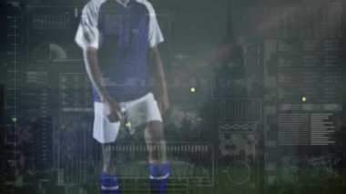 Futbolcu sahada veri analiziyle topa vuruyor. Spor, atlet, futbol, animasyon, teknoloji, performans