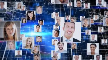 Çeşitli insanların portreleri üzerinde bağlantılar ve veri işleme animasyonu ağı. Teknoloji, iletişim, dijital, internet, siber güvenlik, fütürist