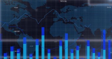 Veri işleme resmi ve dünya haritası siyah arkaplan üzerinde. Küresel iş ve dijital arayüz kavramı dijital olarak oluşturulmuş görüntü.