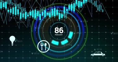 Sürdürülebilir enerji simgeleri ve grafiklerinin sayısı artan daireler üzerinde görüntüsü. Dijital olarak üretilmiş, iş, rapor, ilerleme, büyüme, alternatif, yenilenebilir, geri dönüşüm, teknoloji.