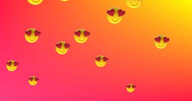 Birden fazla kalp gözünün görüntüsü, yüz ifadelerini kırmızıdan turuncuya doğru yüzdürür. Dijital olarak oluşturulan küresel sosyal medya ağı konsepti.