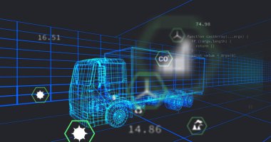 3D kamyon modeli üzerinde birden fazla dijital simge tünelde pürüzsüz bir şekilde ilerliyor. Ev ve sürdürülebilir enerji kavramı