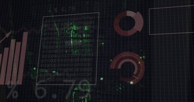 Bilgisayar sunucuları üzerinde ikili kodlama ve veri işleme resmi. Küresel hesaplama, dijital arayüz ve veri işleme kavramı dijital olarak oluşturuldu.