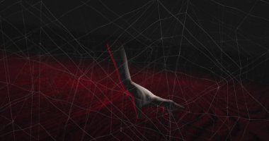 Siyah ve kırmızı alanda yürüyen el resmi. Korku, korku ve cadılar bayramı konsepti dijital olarak oluşturulmuş görüntü.