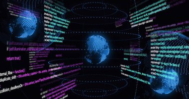 Siyah zemin üzerinde dönen üç küresel simge üzerinde veri işleme ve ışık izleri görüntüsü. Küresel ağ ve iş teknolojisi kavramı