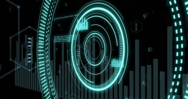 Siyah zemin üzerinde DNA ipliği olan tarama ve veri işleme alanı görüntüsü. Bilim, tıp ve veri işleme kavramı dijital olarak oluşturulmuş görüntü.