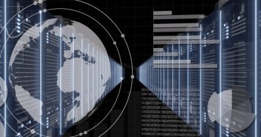 Daireler, grafikler, bilgisayar dili ve veri sunucusunun siyah arkaplan üzerindeki görüntüsü. Dijital olarak üretilmiş, hologram, küreselleşme, rapor, iş dünyası, veri merkezi, kodlama ve teknoloji.