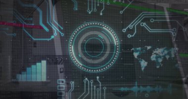 Veri işleme, bilgisayar ana kartı ve sunucuları tarayan bir görüntü. Dijital olarak oluşturulmuş görüntü küresel çevrimiçi güvenlik, bilgisayar ve veri işleme kavramı.