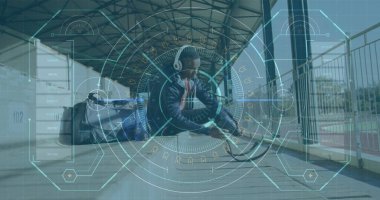 Spor stadyumundaki engelli erkek sporcunun veri işleme görüntüsü. global spor, engellilik ve teknoloji konsepti dijital olarak oluşturulmuş imaj.
