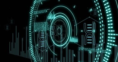 Siyah zemin üzerinde DNA ipliği olan tarama ve veri işleme alanı görüntüsü. Bilim, tıp ve veri işleme kavramı dijital olarak oluşturulmuş görüntü.