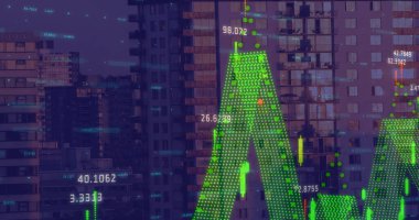 Arka plandaki yüksek binalarla finansal veri işlemenin dijital bileşimi. küresel finans ve iş kavramı