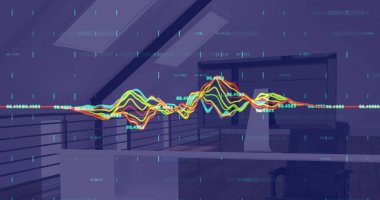 Finansal veri işlemenin dijital görüntüsü arka planda ofisin üç boyutlu modeline karşı. küresel finans ve iş kavramı