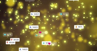 Parlayan ışıkların üzerinde sosyal medya simgeleri ve veri işleme imgeleri. Küresel sosyal medya, bağlantılar, hesaplama ve veri işleme kavramı dijital olarak oluşturuldu.