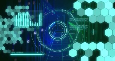 Bilgisayar sunucuları tarafından tarama ve veri işleme alanının resmi. Küresel hesaplama, dijital arayüz ve veri işleme kavramı dijital olarak oluşturuldu.