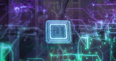 Bilgisayar sunucularından siber güvenlik kilidi ve veri işleme görüntüsü. Küresel finans, iş, bağlantılar, hesaplama ve veri işleme kavramı dijital olarak oluşturuldu.