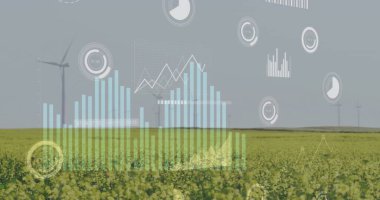 Sahadaki rüzgar türbinlerinin üzerindeki veri işleme ve diyagramlarının resmi. Küresel iş ve ekoloji kavramı, dijital olarak üretilen görüntü.