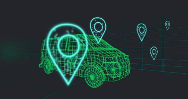 3D Van Modeli üzerinde çoklu lokasyon simgelerinin görüntüsü bir tünelde pürüzsüz bir şekilde ilerliyor. Ev sürdürülebilir enerji ve GPS kavramı