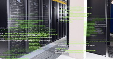 Image of data processing over computer servers. Global connections, computing and data processing concept digitally generated image.
